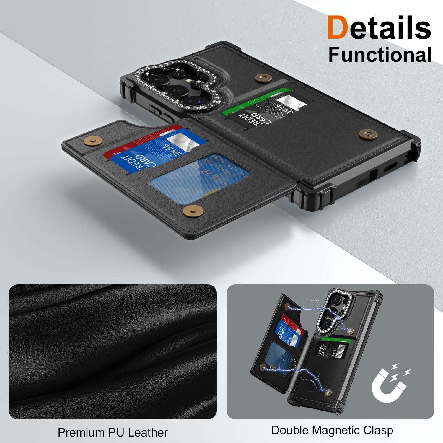 ZM15 For Samsung Galaxy S24 Ultra Case Card Slots Leather Back Cover Lens Frame Rhinestone Decor ZM15 For Samsung Galaxy S24 Ultra Case Card Slots Leather Back Cover Lens Frame Rhinestone Decor